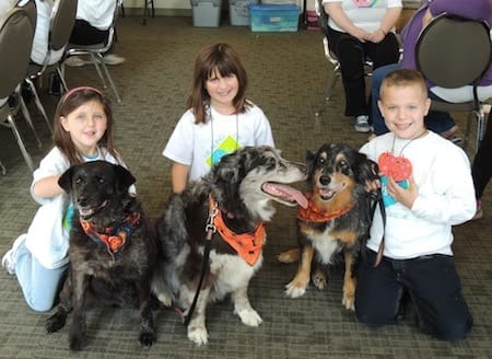 Camp Healing Hearts campers Megan, Kiley and Brayden enjoy time bonding with therapy dogs.