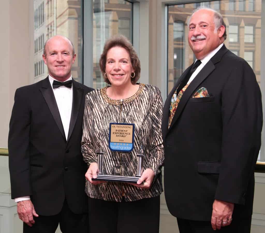 Monongahela Valley Hospital achieved the Healthgrades® Outstanding Patient Experience Award™, ranking it among the top 10 percent of all hospitals evaluated. Bob Donahue, director of Quality Services and Client Development of Healthgrades, presented MVH with a trophy for this national recognition at the hospital’s 26th Annual Gala fundraiser on Saturday, May 17, at the Westin Convention Center in Pittsburgh. Mr. Donahue is shown with Donna Ramusivich, MVH senior vice president and Louis J. Panza Jr., MVH president and CEO.