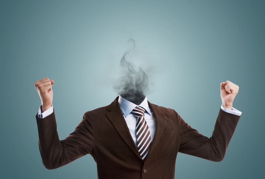 Overworked burnout business man standing headless with smoke instead of his head. Strong stress concept