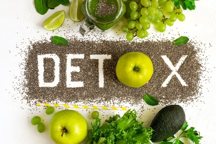 Word detox is made from chia seeds. Green smoothies and ingredients. Concept of diet, cleansing the body, healthy eating