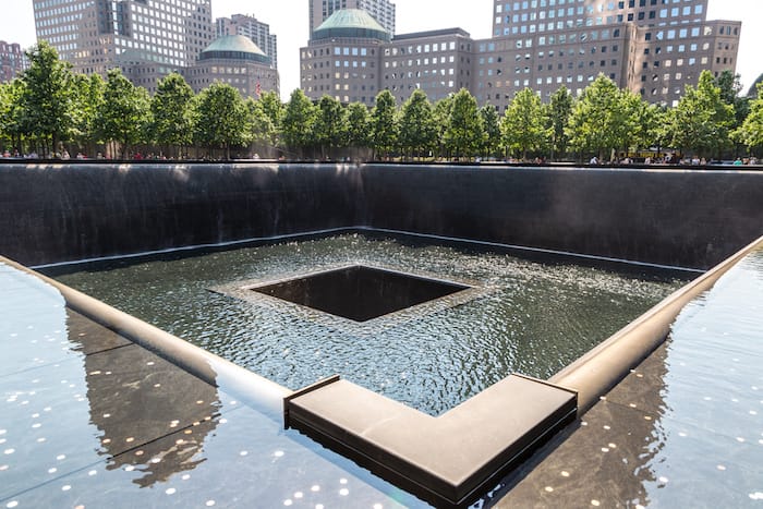NEW YORK CITY, USA - MARCH 29, 2020: 9/11 Memorial park in New York City, NY, USA