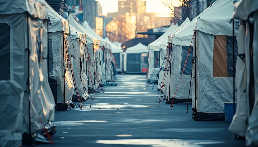 Tents line empty streets, reflecting impact of pandemic crisis.