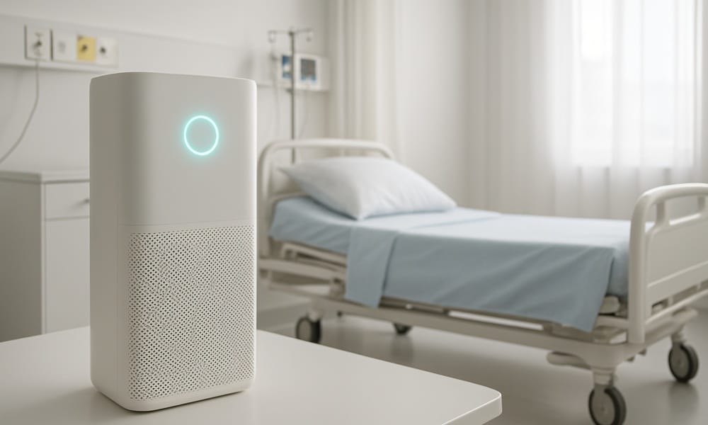 A hospital room with a small air purifier sitting on a nearby table. There is a bed with blue sheets near the window.