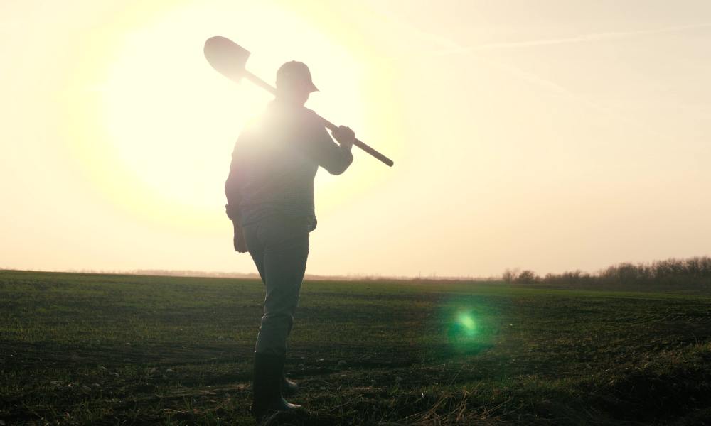 A person carrying a shovel walks through an agricultural field at dawn. He is backlit by the sun.