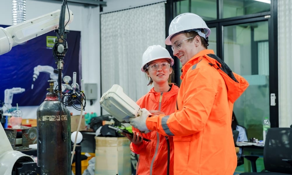 A man and a woman wearing orange safety uniforms, looking at a large controller inside an industrial environment.